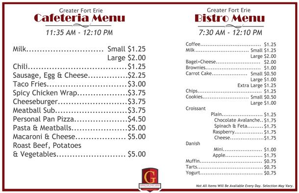 greater fort erie cafeteria menu daily schedule calendar
