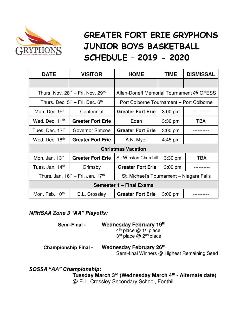 2019-20 - Junior Boys Basketball Schedule