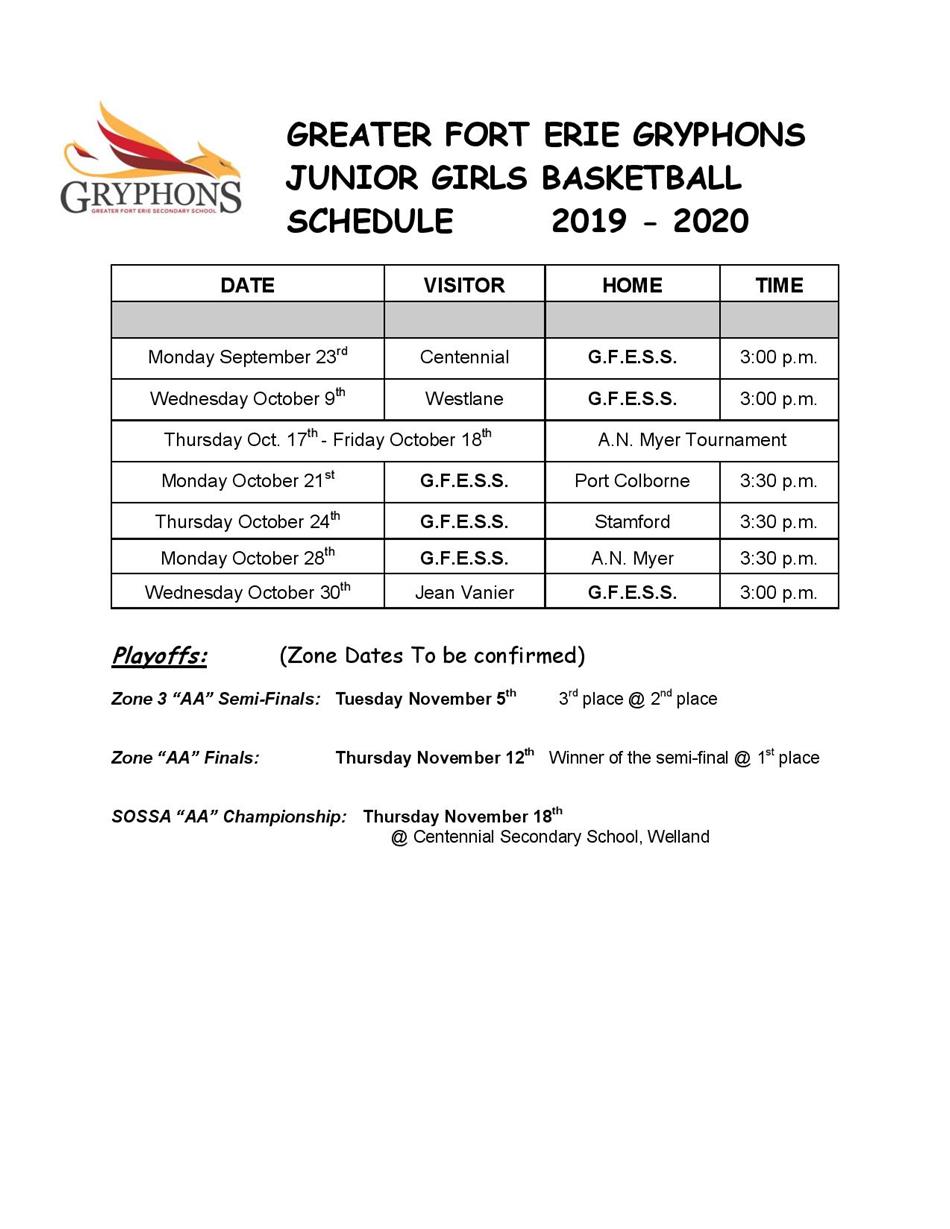2019-20 - Junior Girls Basketball Schedule