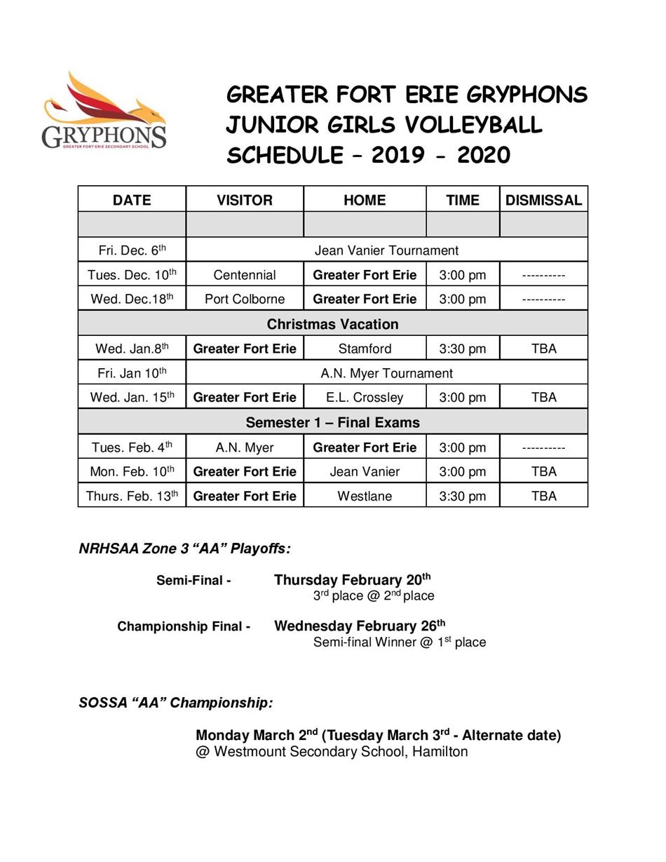 2019-20 - Junior Girls Volleyball Schedule