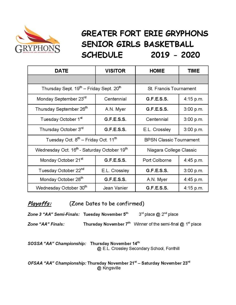 2019-20 - Senior Girls Basketball Schedule