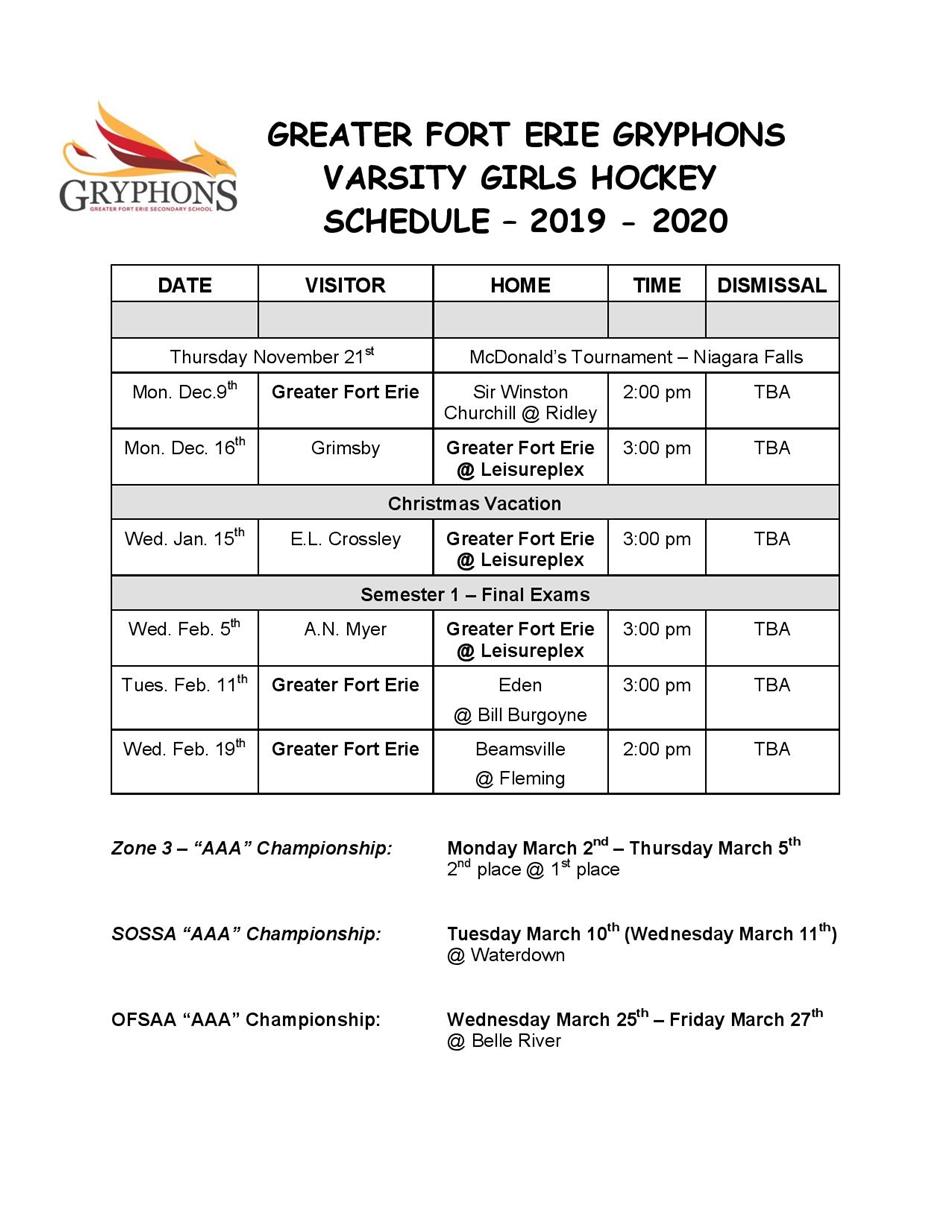 2019-20 - Varsity Girls Hockey Schedule